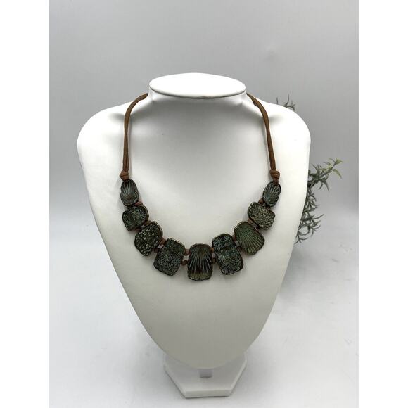 St. Thomas Etched Medallions Copper Tone Brown Suede Patina Statement Necklace - Picture 15 of 15